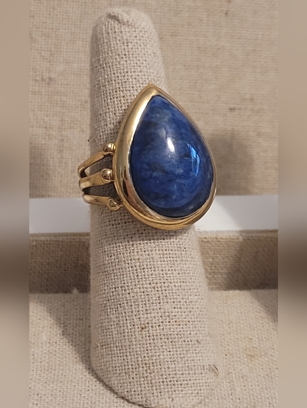 Large Gold Teardrop Pear Blue Lapis Lazuli Cabochon Stone Statement Ring 5